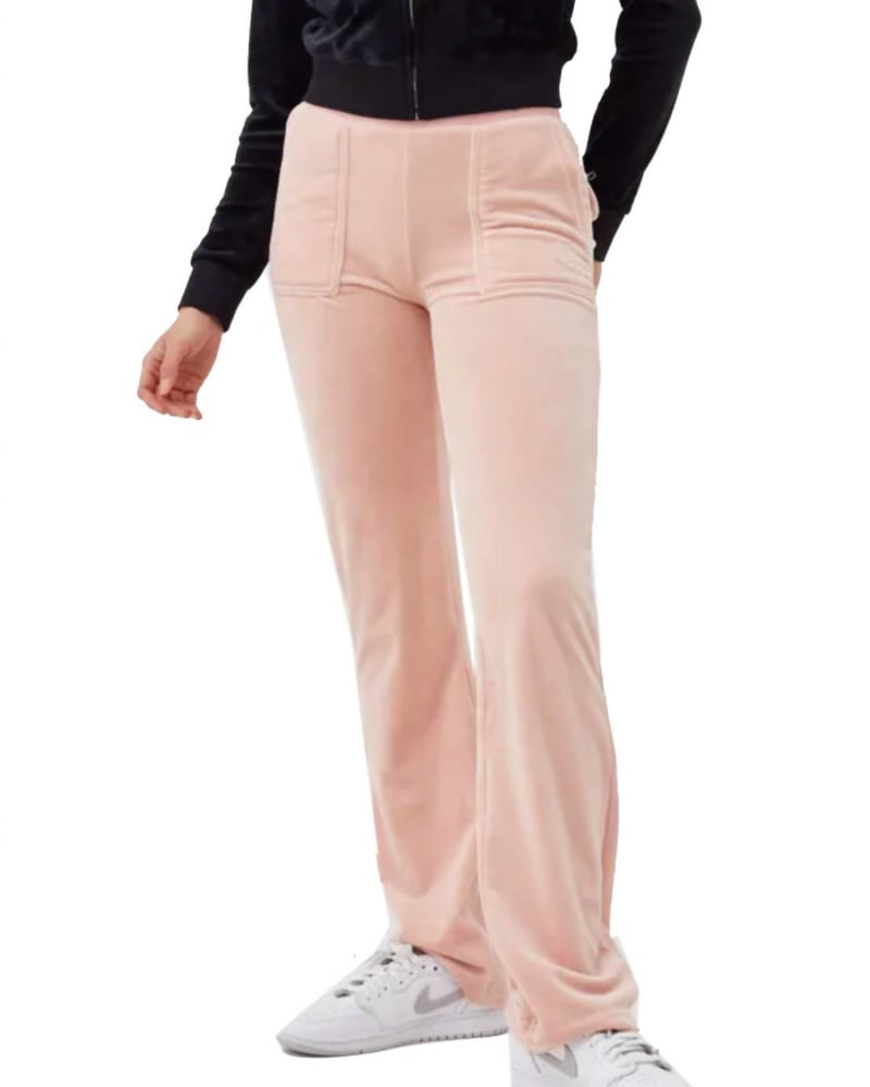 Front of a model wearing a size L Velour Del Rey Pant in Silver Pink in Silver Pink by Juicy Couture. | dia_product_style_image_id:341082